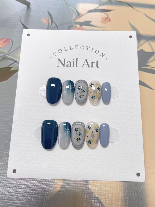 Hand Painted Blue Floral Press On Nails: Reusable Artist Faux Nails