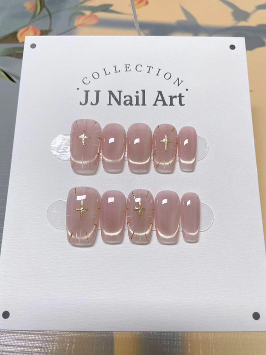 Custom Shape Hand Painted Press On Nails: Cat Eye with Cross Reusable Nail Set