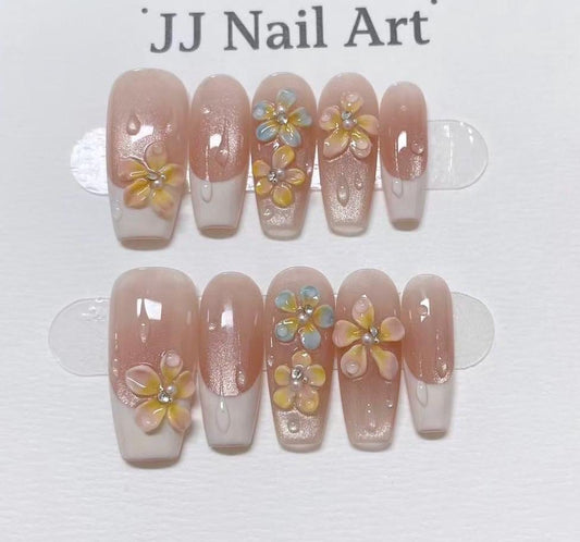 Colorful Petals French Hand Painted Press On Nails: Custom Shape Reusable Nail Set