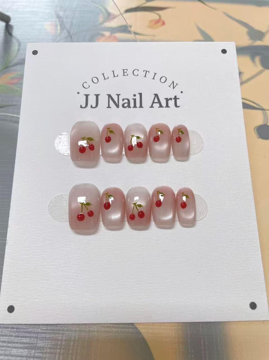 Handmade Cherry Cat Eye Press On Nails: Reusable Set