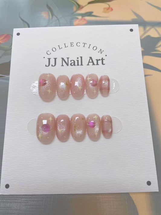 Handmade Pink Planet Cat Eye Press On Nails: Reusable Set