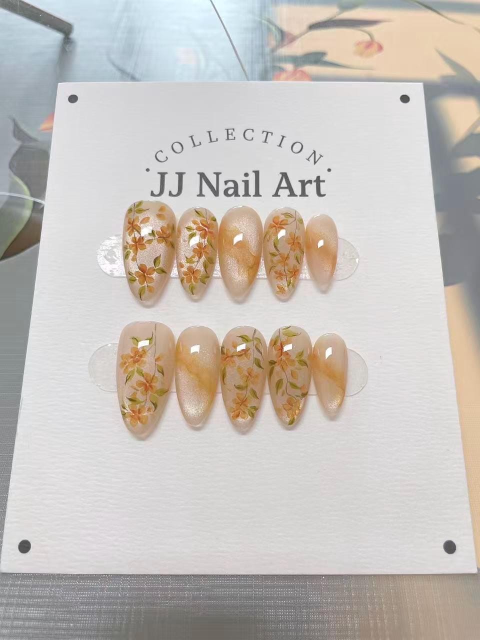 Handmade Orange Flowers Cat Eye Press On Nails: Reusable Set
