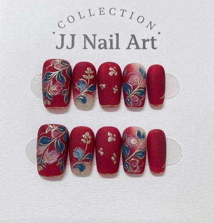 Handmade Elegant Flowers Red Press On Nails: Reusable Nail Set
