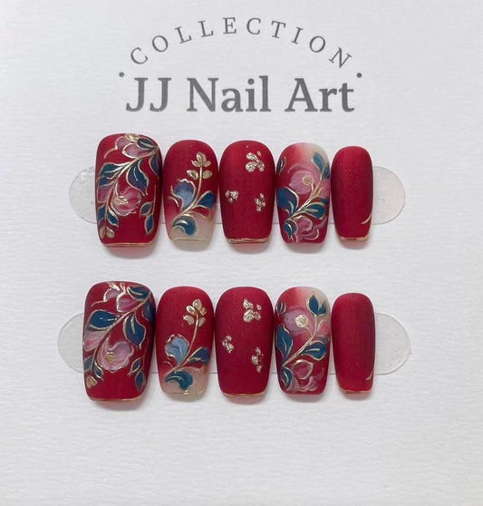 Handmade Elegant Flowers Red Press On Nails: Reusable Nail Set