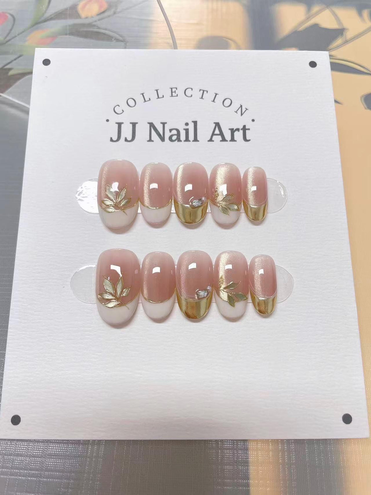 Gold Leaves French Press On Nails: Custom Shape Reusable Nail Set