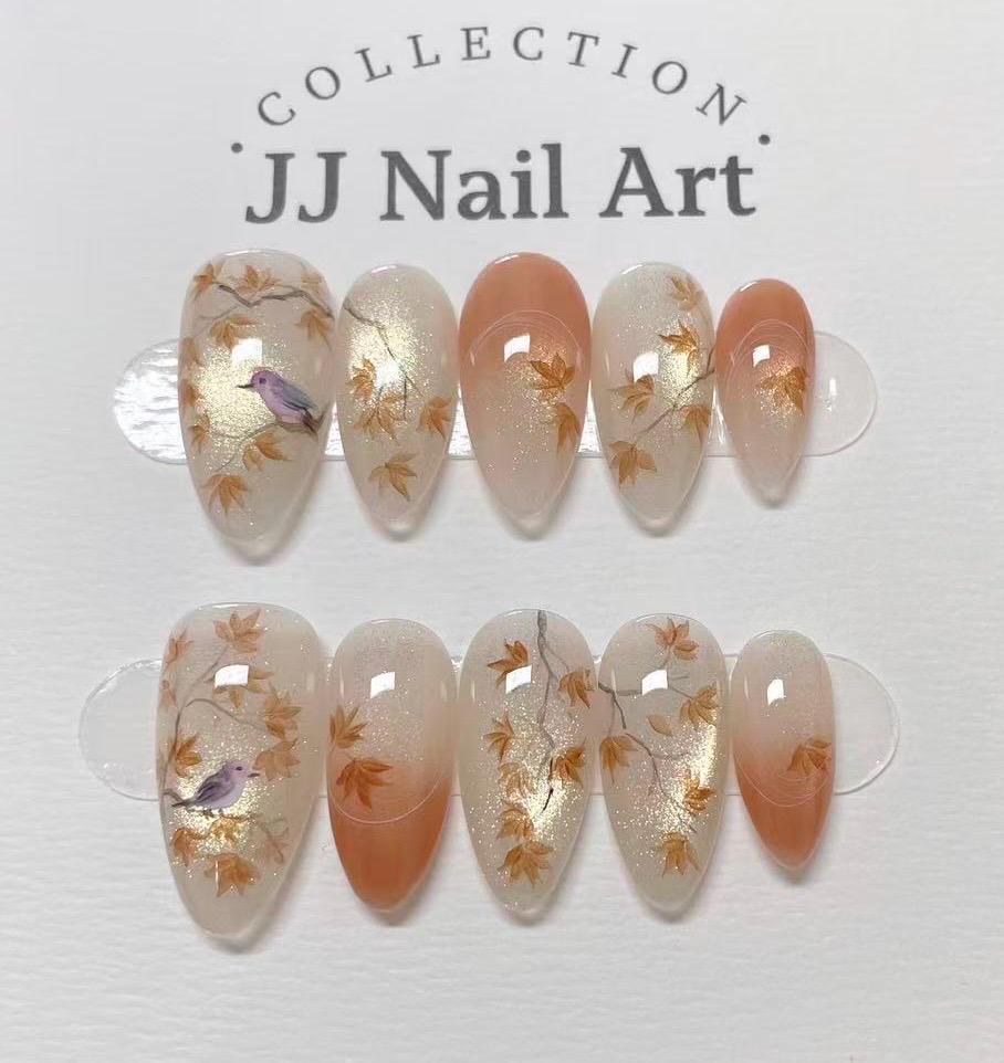 Handmade Birds Leaves Press On Nails: Reusable Set