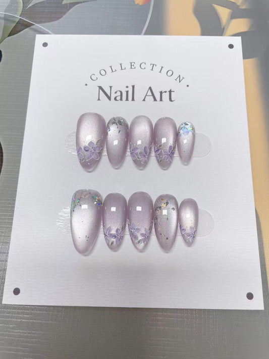 Hand Painted Purple Cat Eye Press On Nails: Reusable Artist Faux Nails