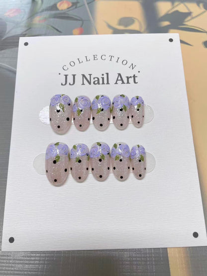 Purple Flowers Press On Nails: Reusable Custom Shape Set
