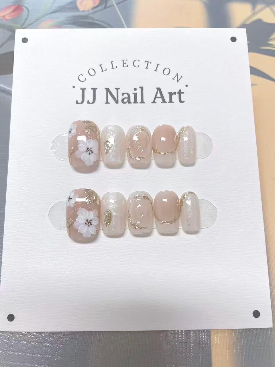 White Petals Blushed Hand Painted Press On Nails: Custom Shape Reusable Nail Set