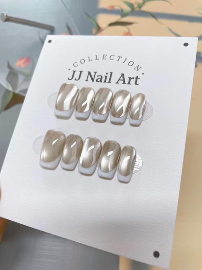 Handmade Cat Eye Press On Nails: White French Tip Reusable Nail Set