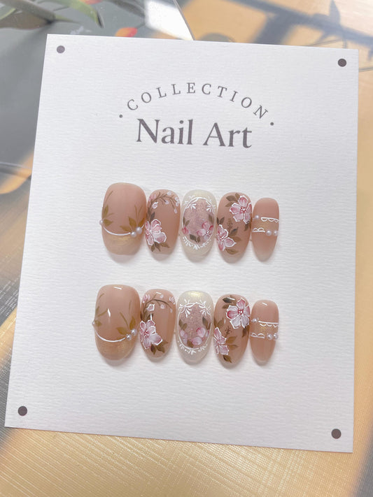 Hand Painted Flower Press On Nails: Reusable Elegant Faux Nails