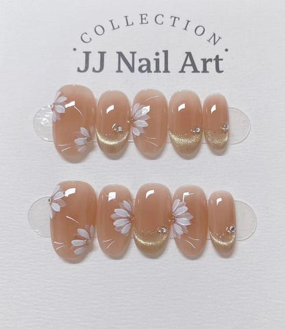 Handmade Petals Cat Eye Petals  Press On Nails: Floral French Reusable Set