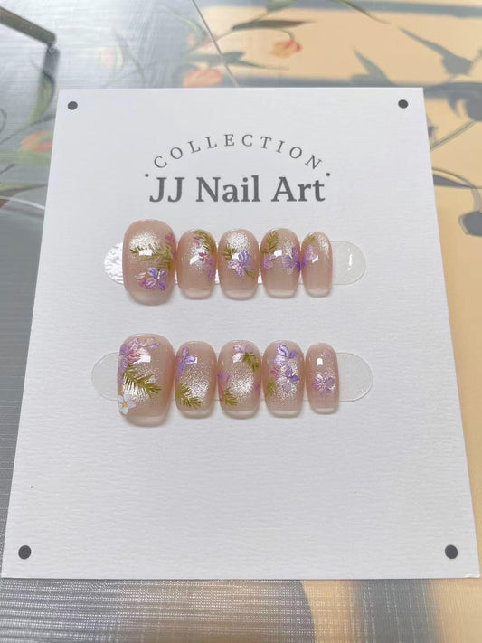 Handmade Purple Flowers Cat Eye Press On Nails: Reusable Set