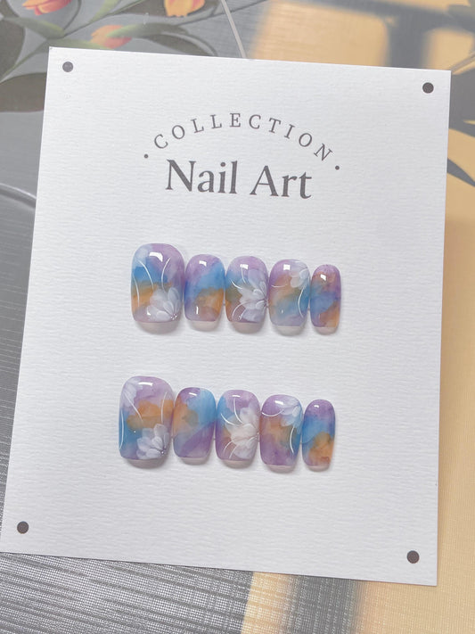 Hand Painted Fall Rainbow Flower Press On Nails: Reusable Artist Faux Nails