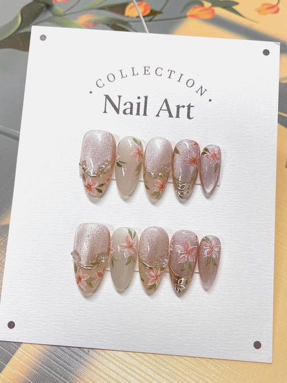 Hand Painted Pink Flower Cat Eye Press On Nails: Reusable Faux Nails
