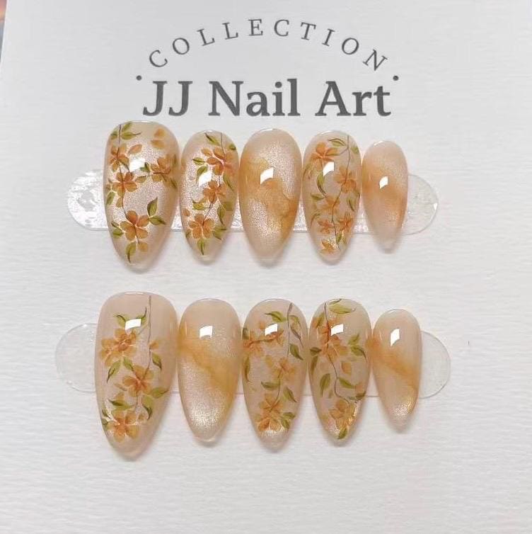Handmade Orange Flowers Cat Eye Press On Nails: Reusable Set