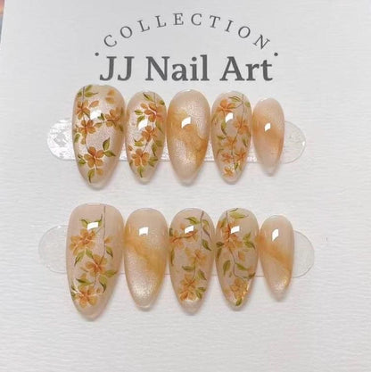 Handmade Orange Flowers Cat Eye Press On Nails: Reusable Set
