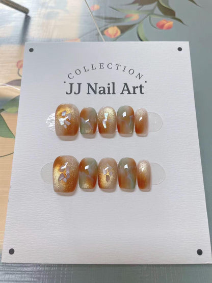 Handmade Jade Orange Smudge Press On Nails: Reusable Set
