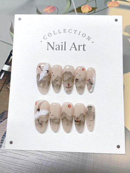 Red-Crowned Crane Press On Nails: Hand-Painted Reusable Faux Nails