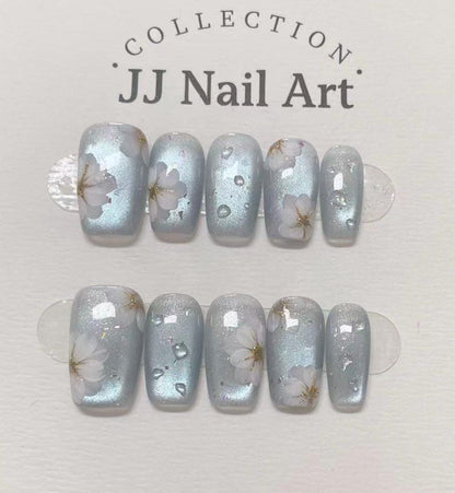 Handmade Blue Cat Eye Petals  Press On Nails: Floral French Reusable Set