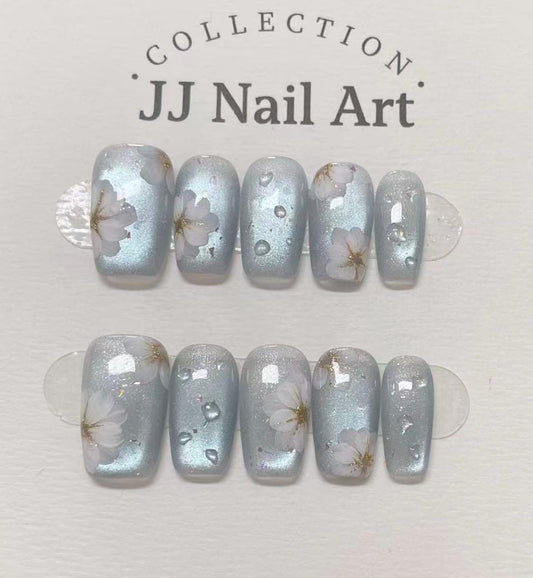 Handmade Blue Cat Eye Petals  Press On Nails: Floral French Reusable Set