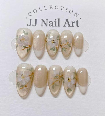 White Flowers French Press On Nails: Custom Shape Reusable Set