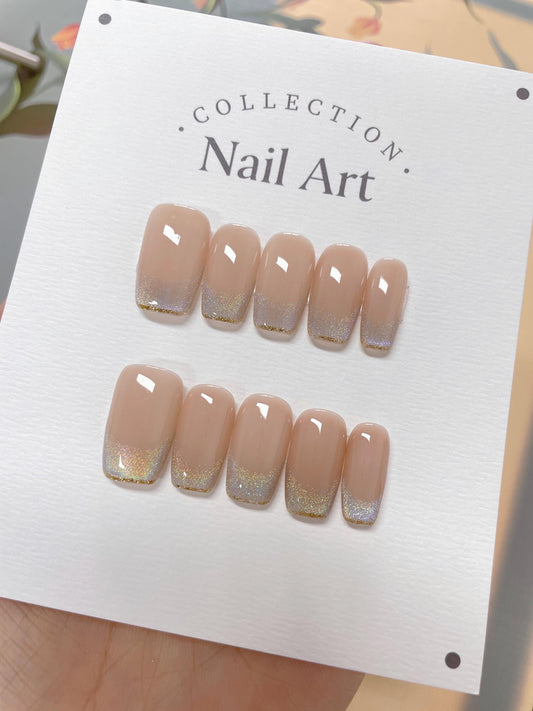 Hand Painted Press On Nails: French Glitter Faux Nails, Reusable