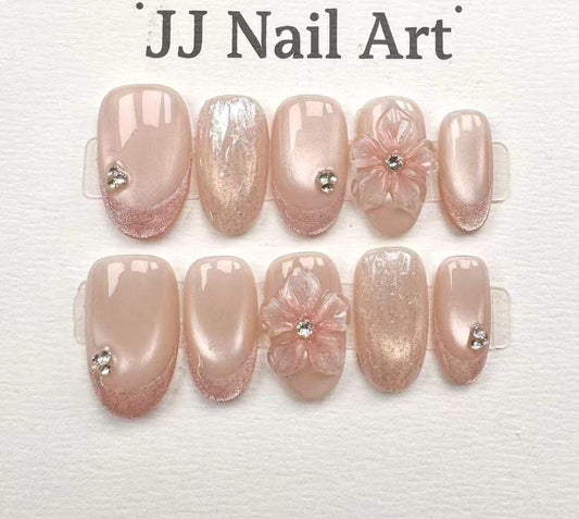 Peach Crystal Petals Press On Nails: Reusable Custom Shape Set
