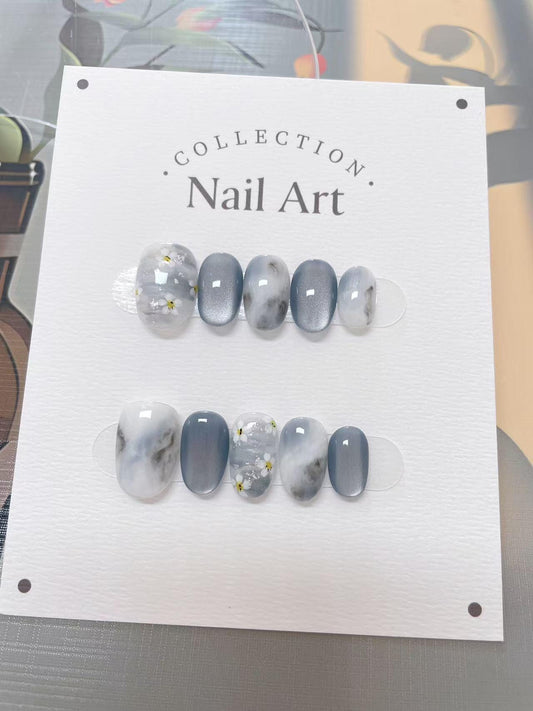 Hand Painted Press On Nails: Vienna Mountain Water Design, Reusable Faux Nails