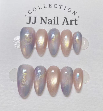 Handmade Blue Pink Ombré Cat Eye Press On Nails: Reusable Set