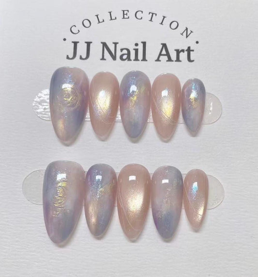 Handmade Blue Pink Ombré Cat Eye Press On Nails: Reusable Set