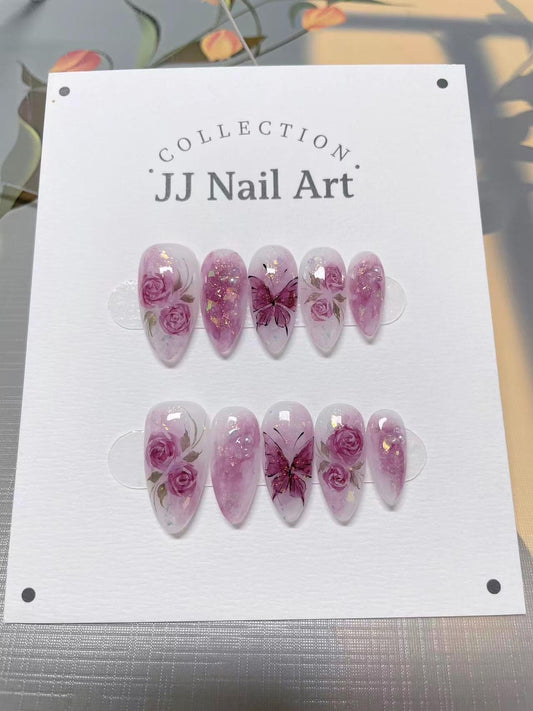 Dark Pink Roses Butterfly Glitters Hand Painted Press On Nails: Custom Shape, Reusable