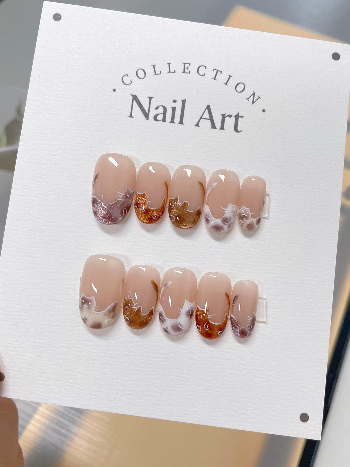 Handmade Winter Cats Press On Nails: Reusable Gel Faux Nails