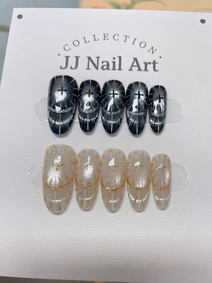 Custom Shape Press On Nails: Shining Cross Hand Painted, Reusable Fake Nails