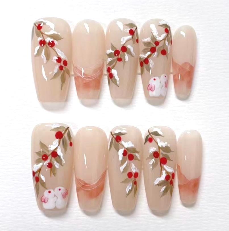 Hand Painted Winter Bunny Press On Nails: Reusable Faux Nails