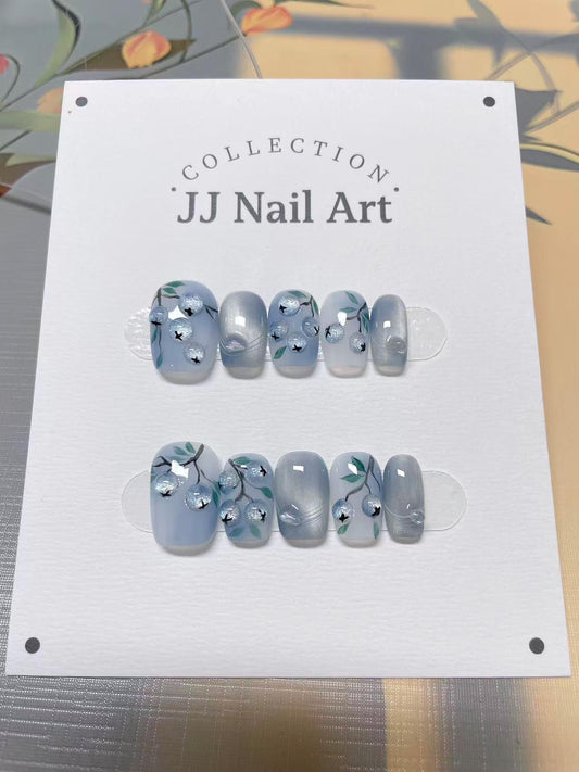 Blue Berries Hand Painted Press On Nails: Reusable, Custom Shape