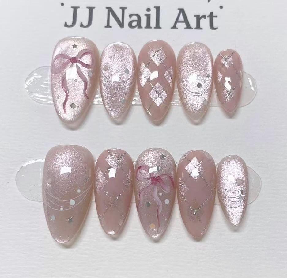 Pretty BowTie Cat Eye Press On Nails: Custom Shape Reusable Nail Set