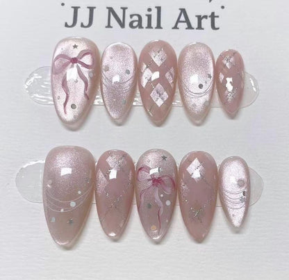 Pretty BowTie Cat Eye Press On Nails: Custom Shape Reusable Nail Set