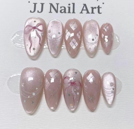 Pretty BowTie Cat Eye Press On Nails: Custom Shape Reusable Nail Set