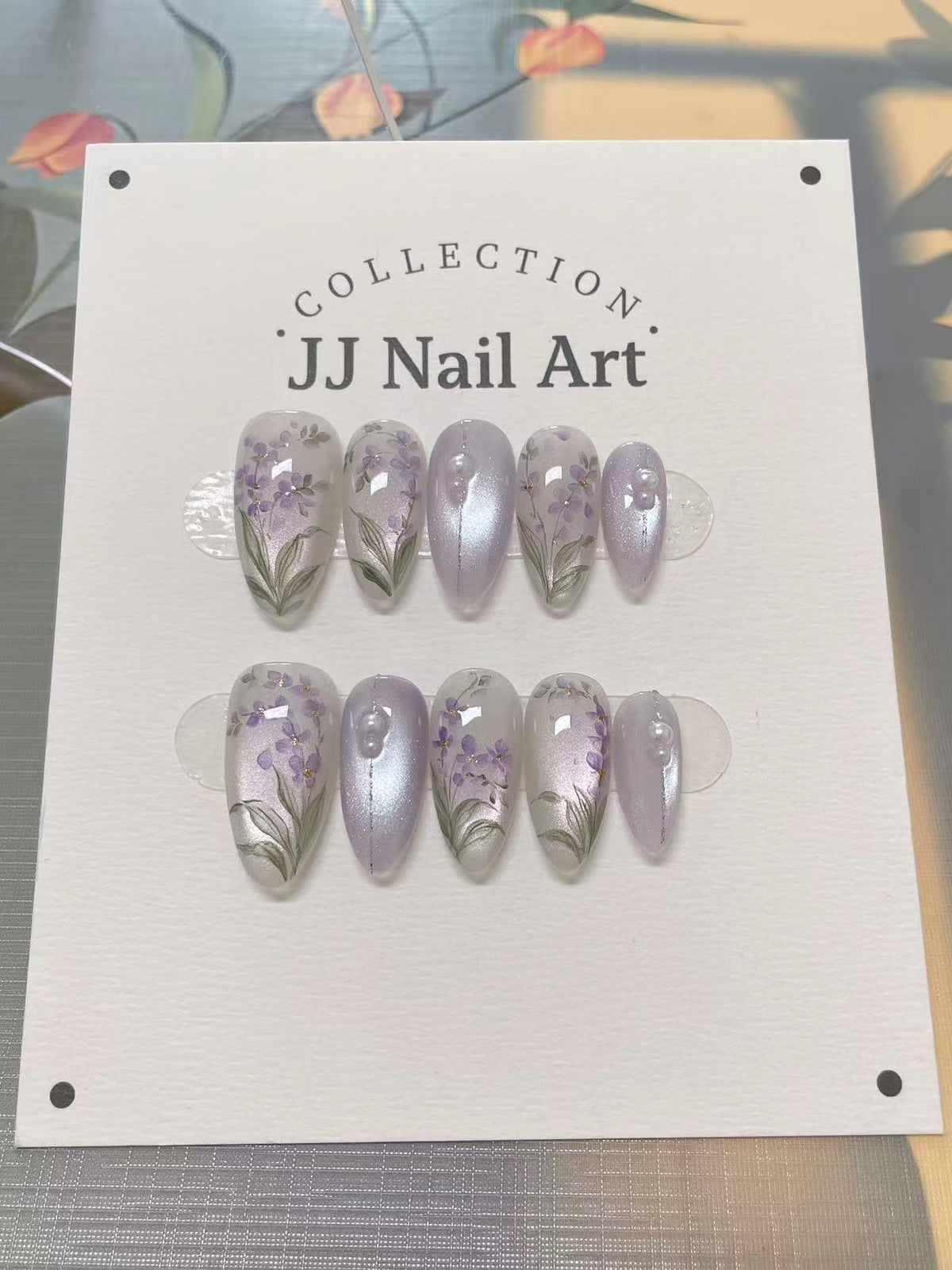 Handpainted Lavender Cat Eye Petals  Press On Nails: Floral French Reusable Set