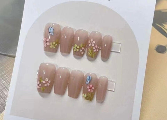 3D Flower Press On Nails: Hand Painted Gel Reusable Fake Nails