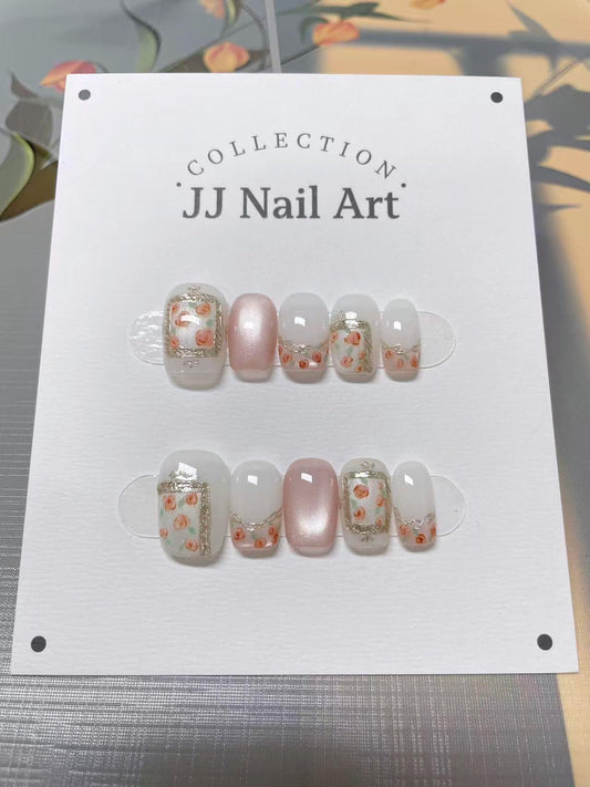 Roses With Frame Cat Eye Press On Nails: Hand Painted Reusable Fake Nails