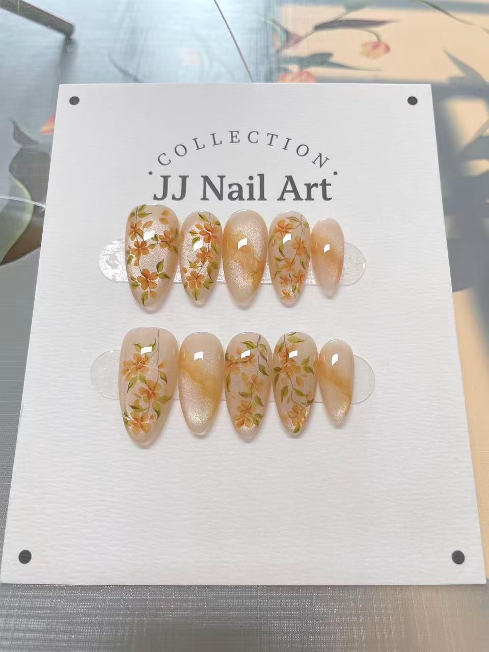 Handmade Orange Flowers Cat Eye Press On Nails: Reusable Set