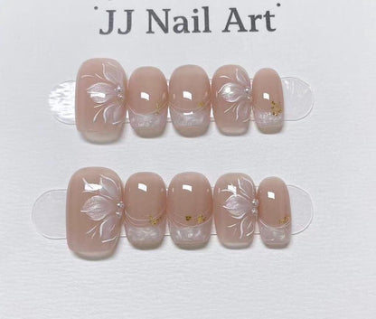 Petals Pearlescent French Hand Painted Press On Nails: Custom Shape Reusable Nail Set