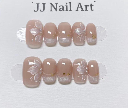 Petals Pearlescent French Hand Painted Press On Nails: Custom Shape Reusable Nail Set