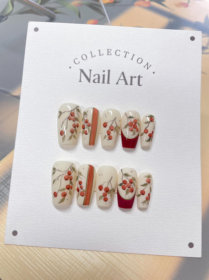 Handmade Autumn Berries Press On Nails: Red French Tip, Elegant Faux Nails