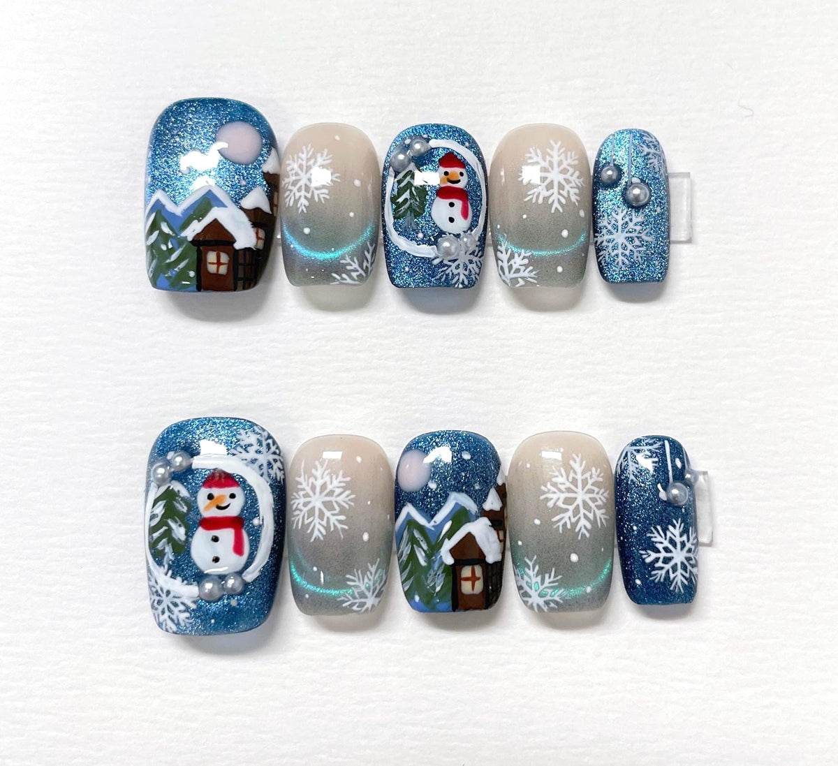 Cute Snowman Cat Eye Christmas Press on Nails, Customized Hand Painted Fake Nails, Colorful Nails, Artist Faux Nails, Reusable Premium Nails