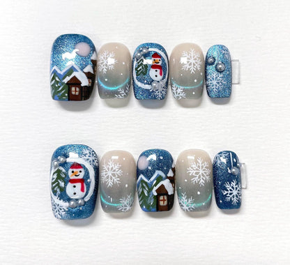 Cute Snowman Cat Eye Christmas Press on Nails, Customized Hand Painted Fake Nails, Colorful Nails, Artist Faux Nails, Reusable Premium Nails