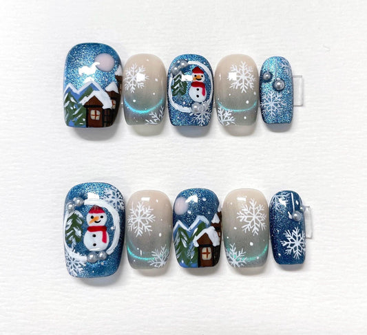 Cute Snowman Cat Eye Christmas Press on Nails, Customized Hand Painted Fake Nails, Colorful Nails, Artist Faux Nails, Reusable Premium Nails