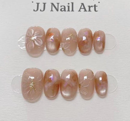 Handmade Subtle Petals Cat Eye Press On Nails: Reusable Set